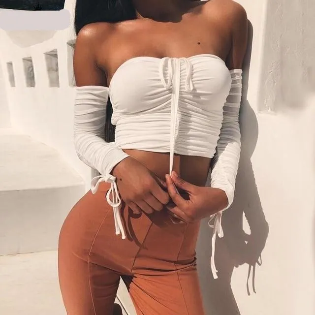 Off Shoulder Front Tie Crop Top - black or white