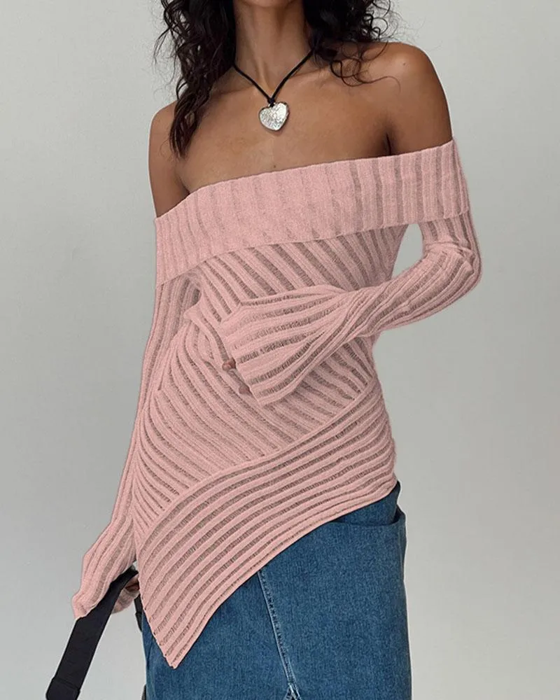 Off Shoulder Irregular Stripes Knit Top