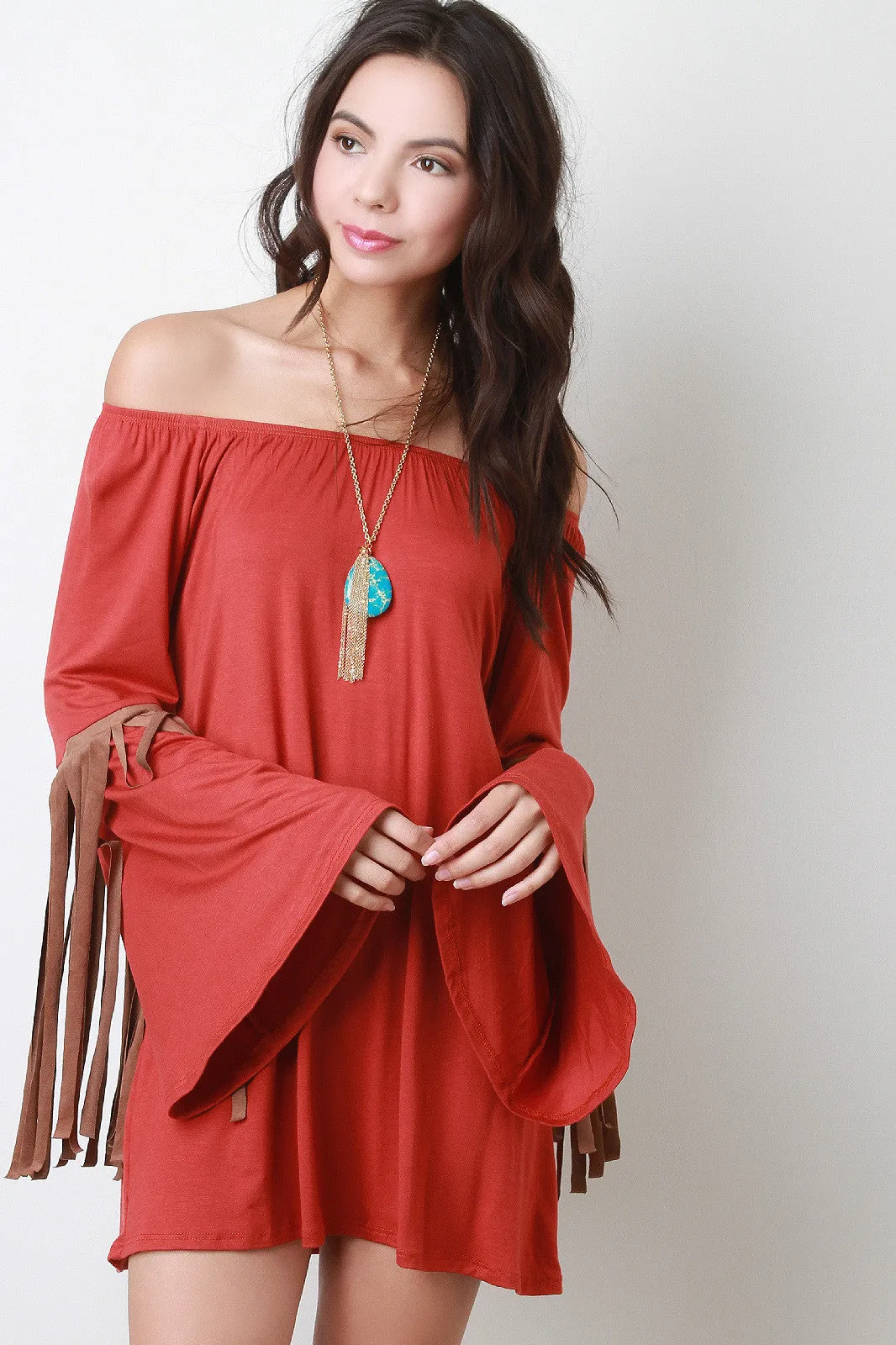 Off Shoulder Suede Contrast Fringe Long Bell Sleeves Top