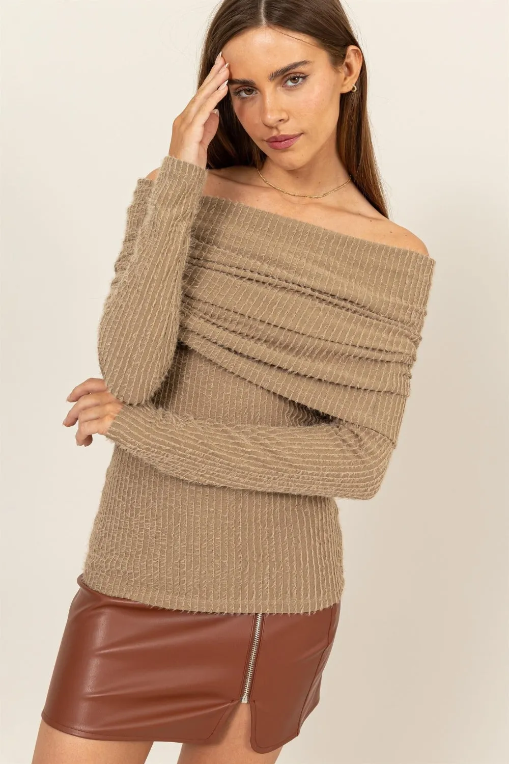 Off Shoulder Textured Knit Top
