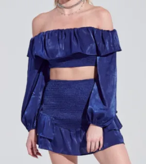 Off The Shoulder Ruffle Smocked Bishop Sleeve Crop Top