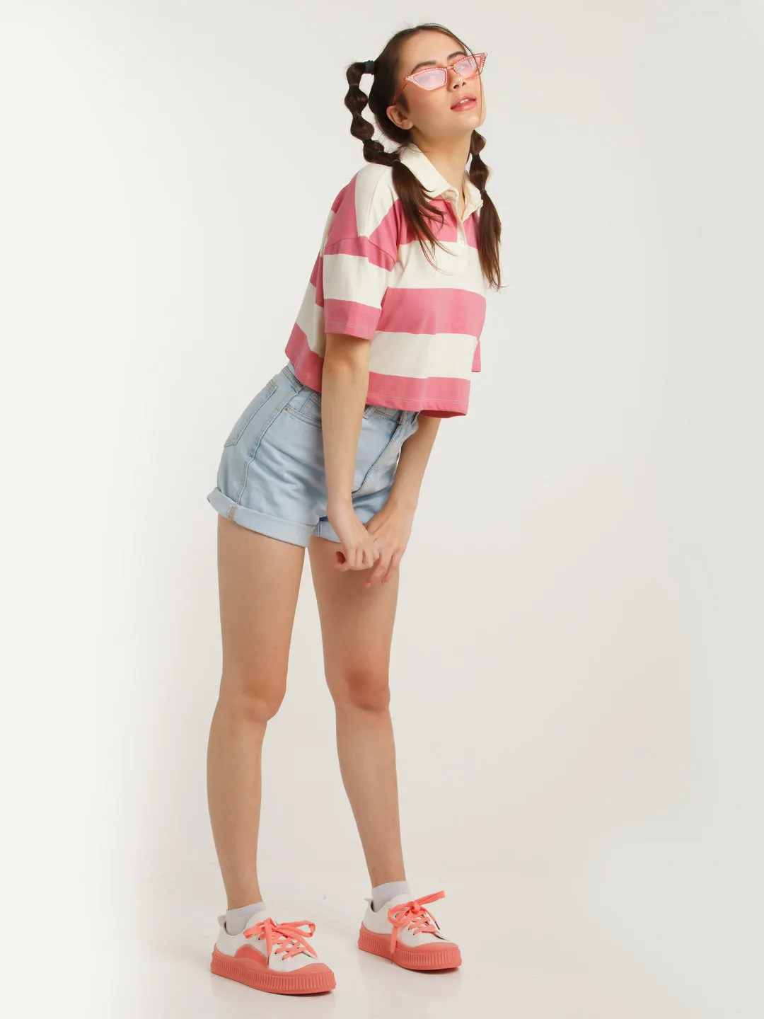 Off-White & Pink Striped Cropped T-Shirt