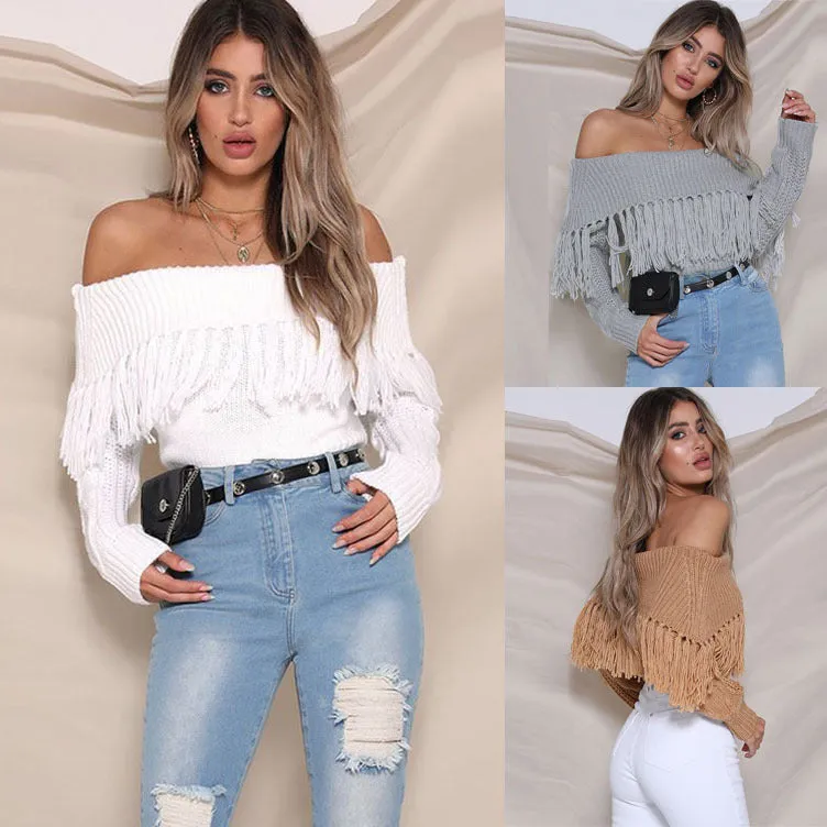 One-shoulder fringed off-shoulder sweater（AY1439）