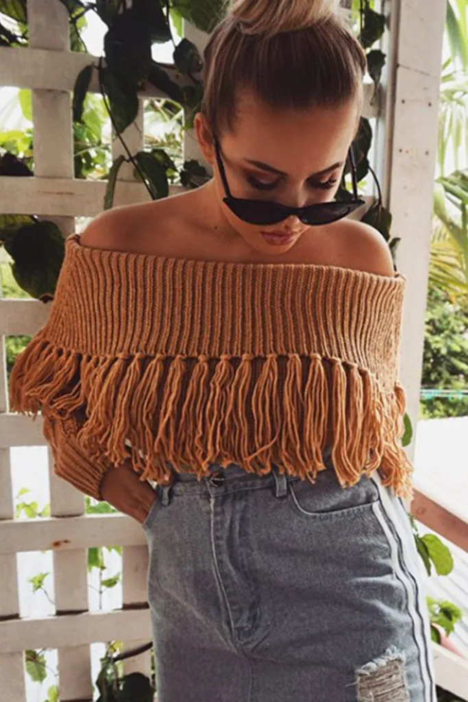 One-shoulder fringed off-shoulder sweater（AY1439）