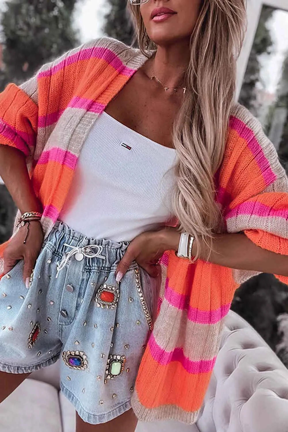 Orange Striped Ribbed Knit Sweater Cardigan