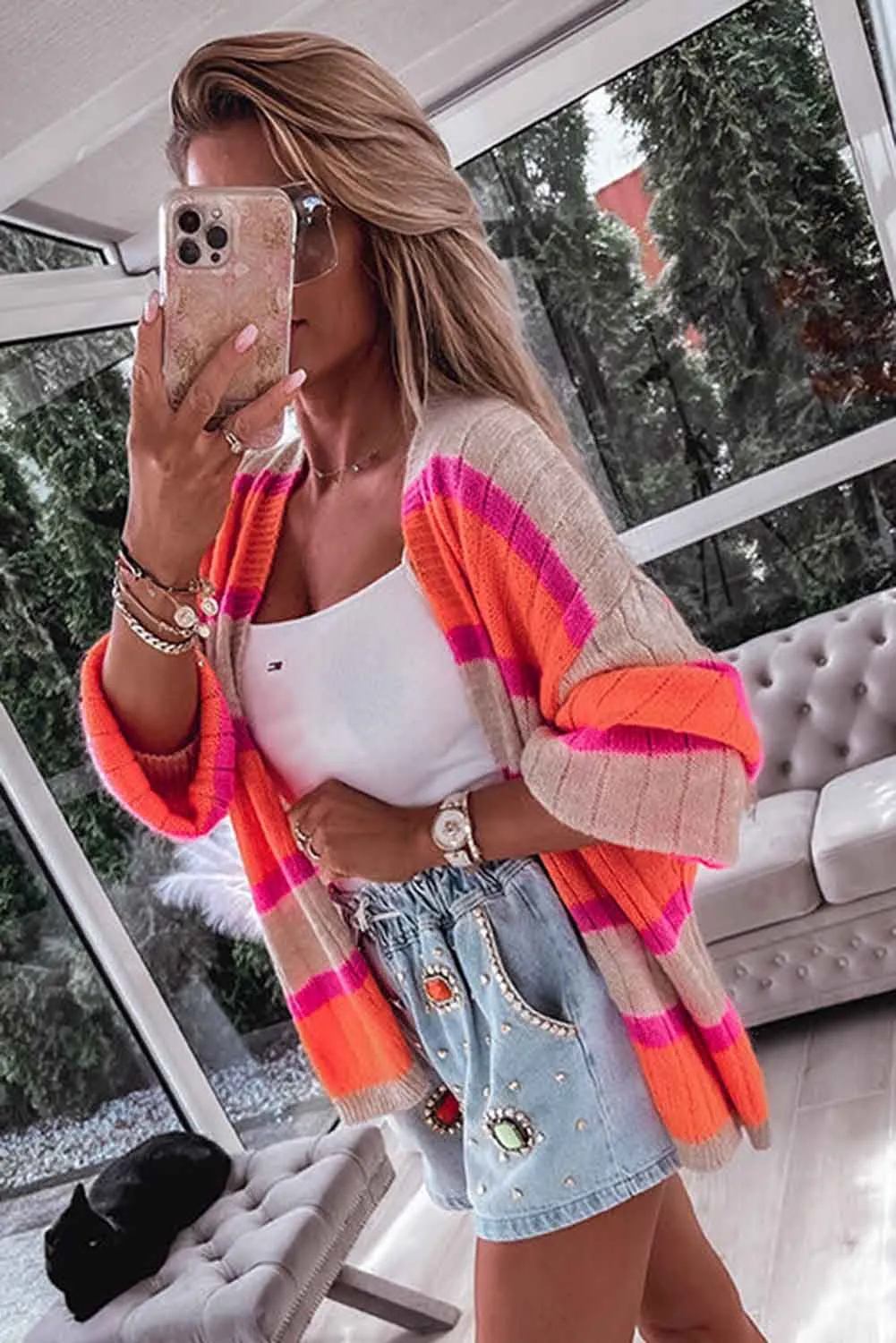 Orange Striped Ribbed Knit Sweater Cardigan