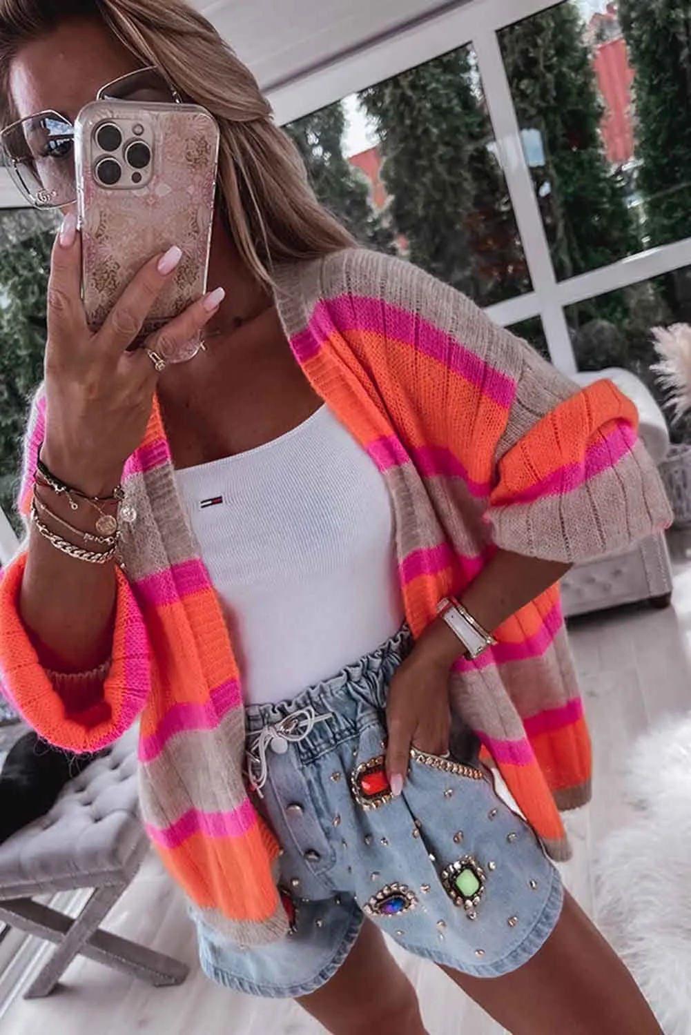 Orange Striped Ribbed Knit Sweater Cardigan