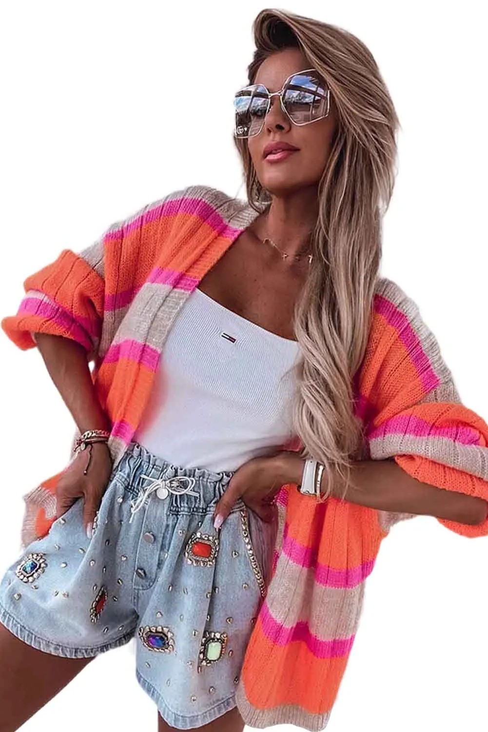 Orange Striped Ribbed Knit Sweater Cardigan