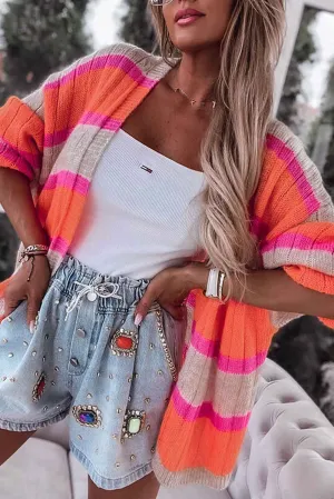 Orange Striped Ribbed Knit Sweater Cardigan