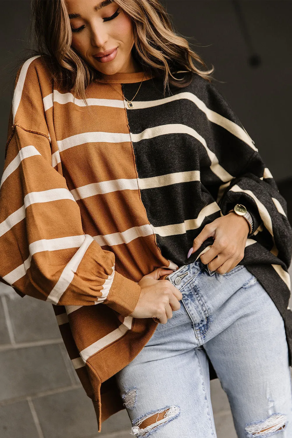 Oversized Contrast Striped Print Dropped Shoulder Top