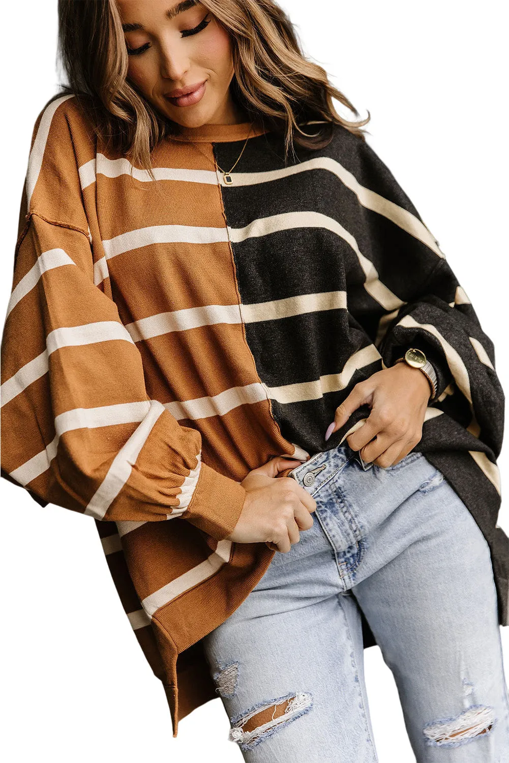 Oversized Contrast Striped Print Dropped Shoulder Top