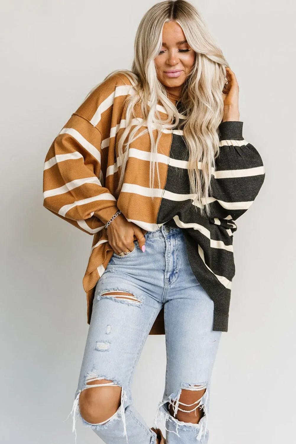 Oversized Contrast Striped Print Dropped Shoulder Top