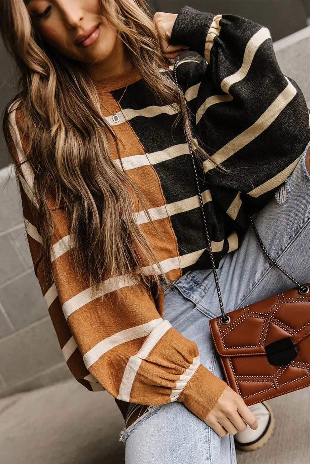 Oversized Contrast Striped Print Dropped Shoulder Top