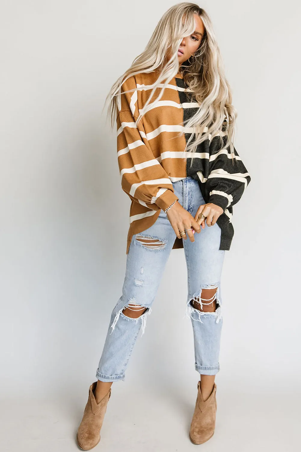 Oversized Contrast Striped Print Dropped Shoulder Top