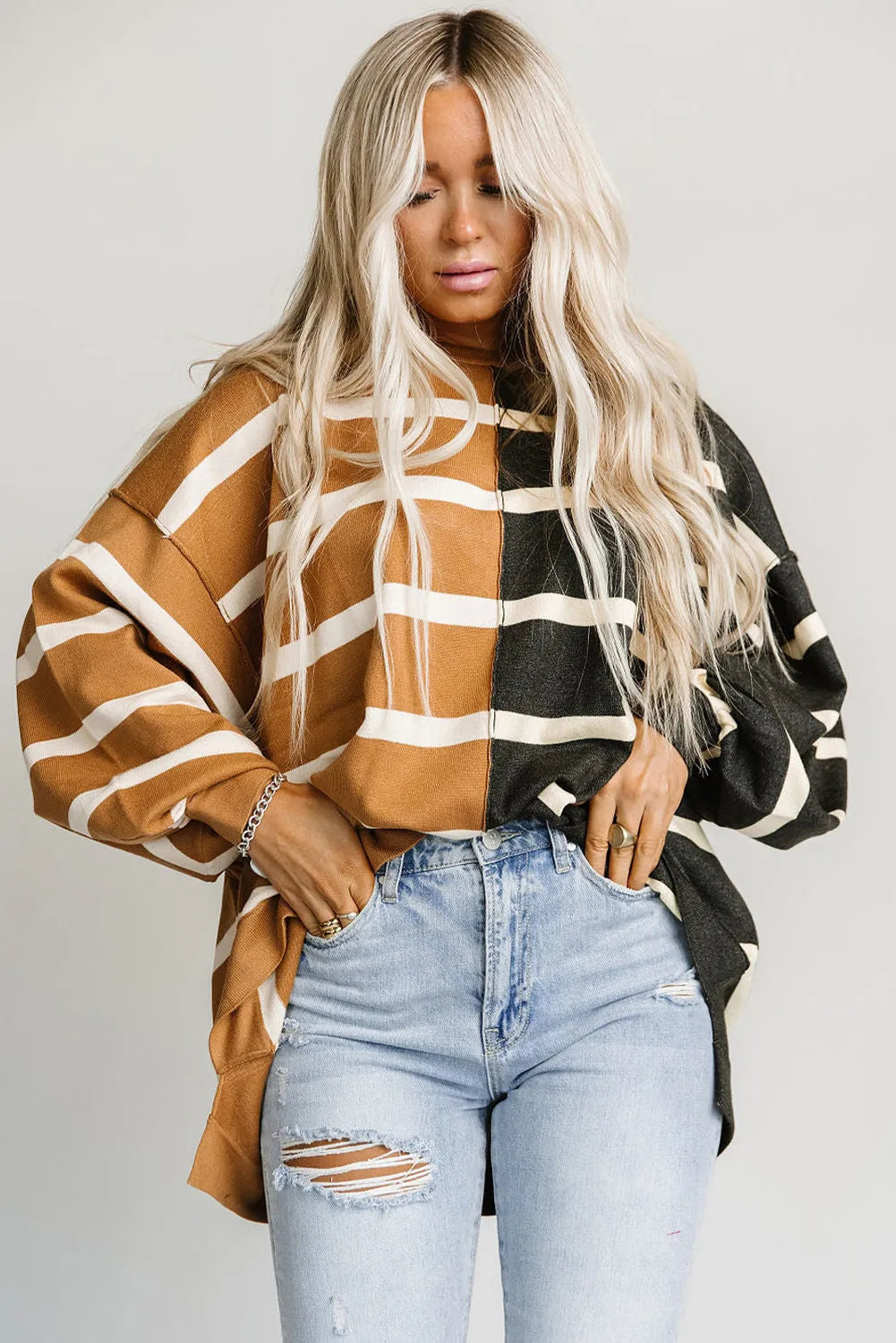 Oversized Contrast Striped Print Dropped Shoulder Top