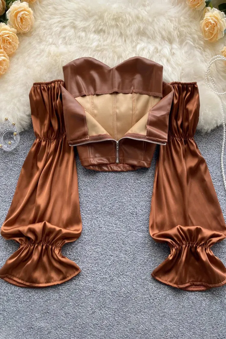 Patchwork Off Shoulder Crop Tops Slash Neck Blouses Ladies Tops