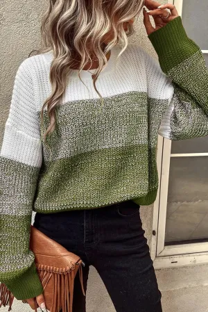 Pickle Green Color Block Drop Shoulder Ribbed Trim Sweater