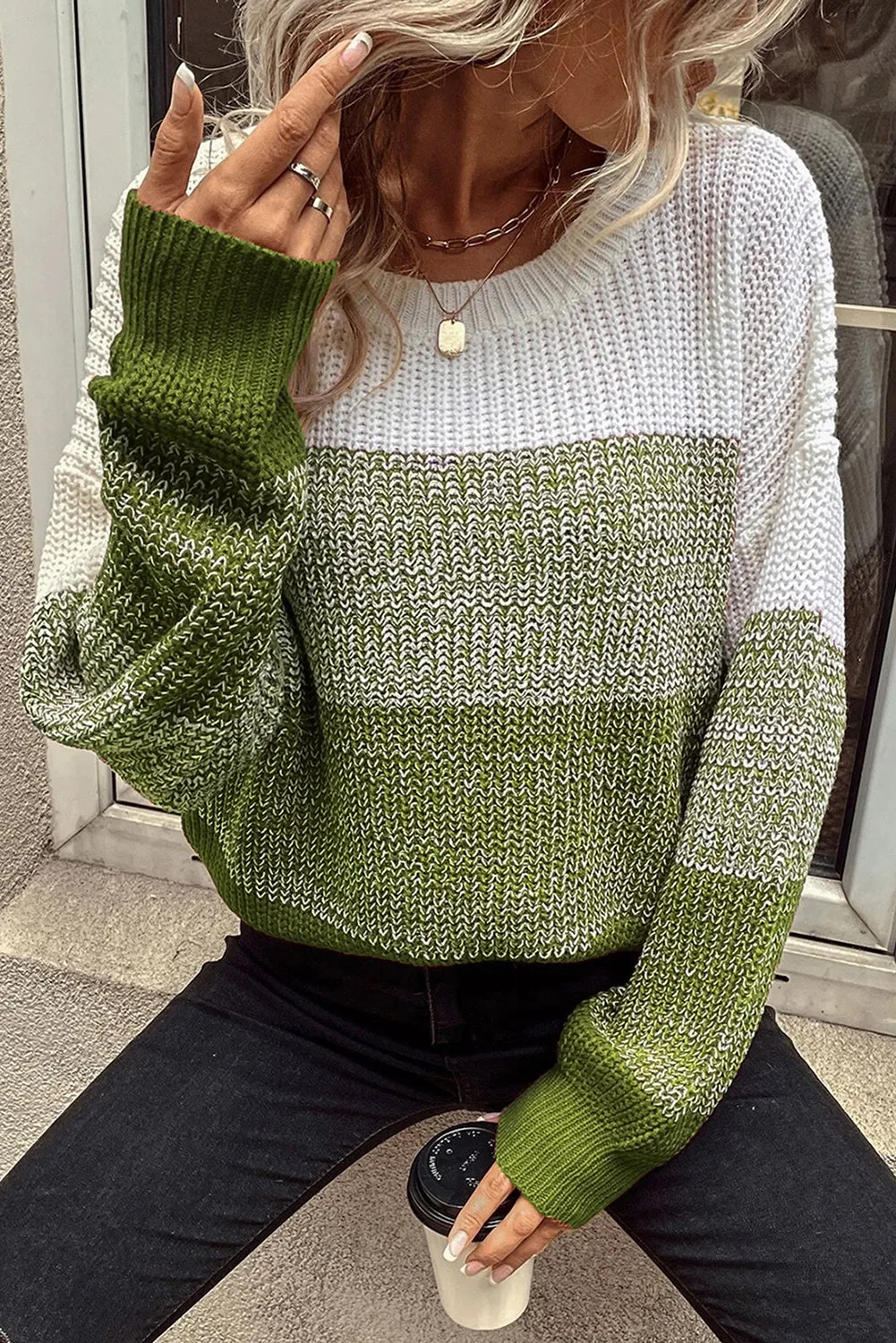Pickle Green Color Block Drop Shoulder Ribbed Trim Sweater