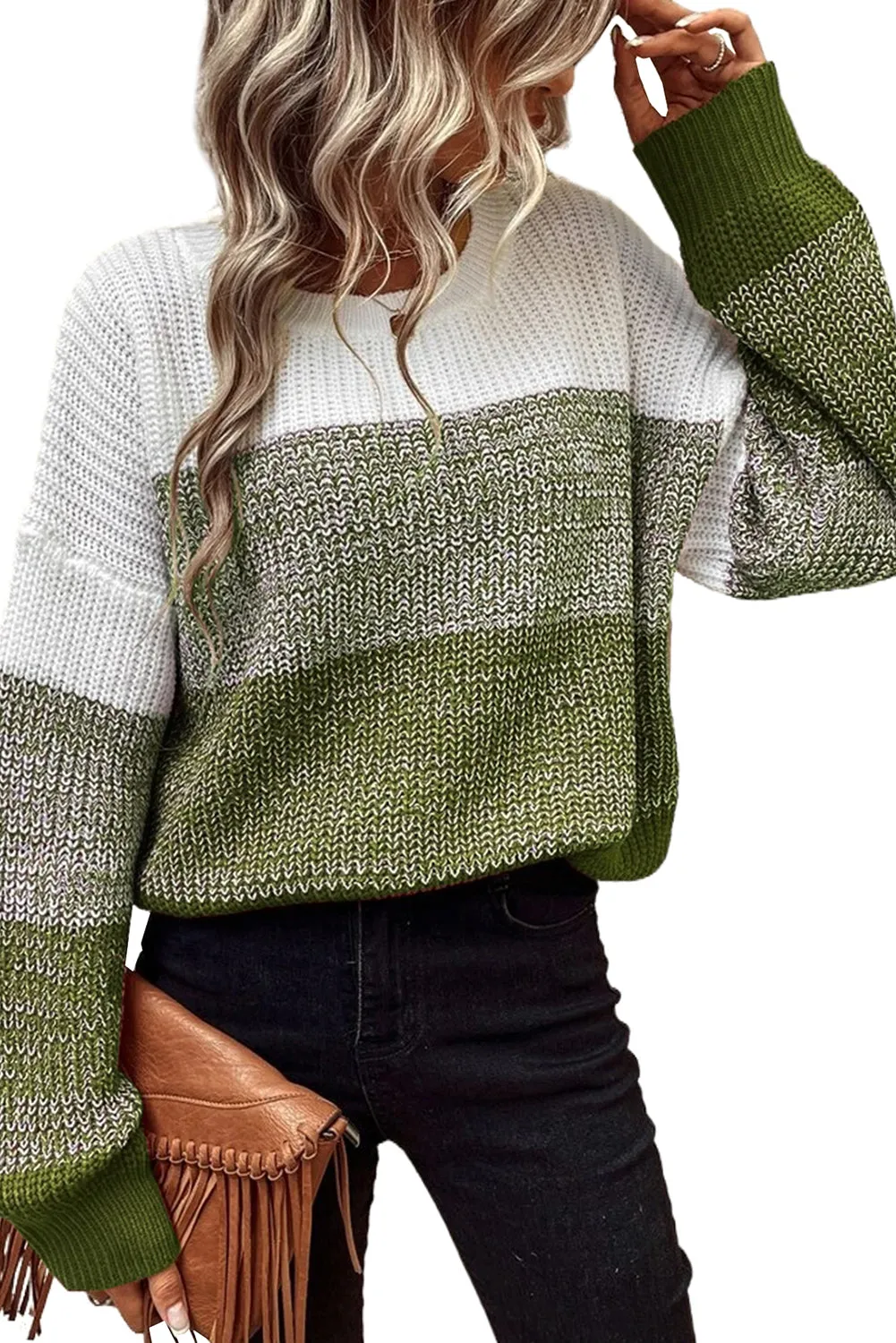 Pickle Green Color Block Drop Shoulder Ribbed Trim Sweater