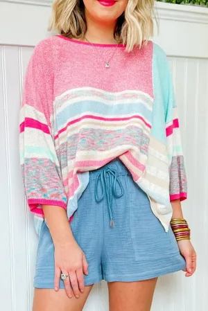 Pink Color Block Striped Three-Quarter Sleeve Knitted Top