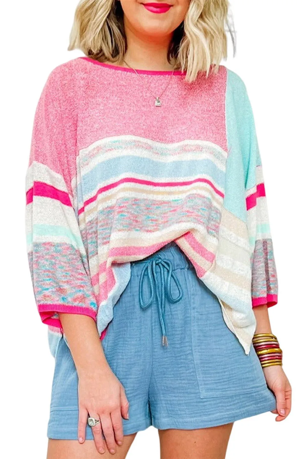Pink Color Block Striped Three-Quarter Sleeve Knitted Top