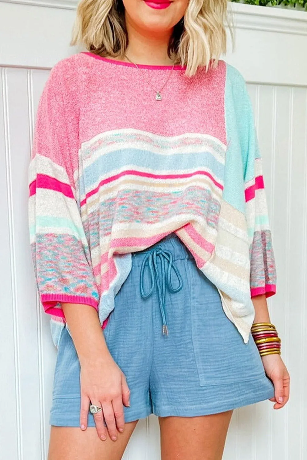 Pink Color Block Striped Three-Quarter Sleeve Knitted Top