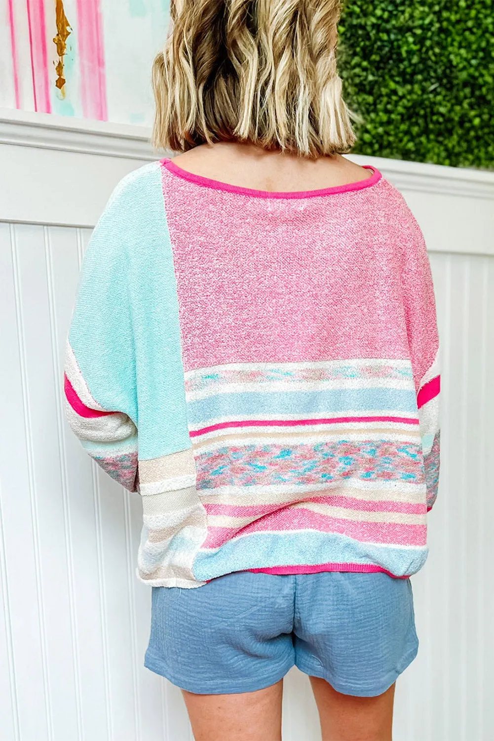 Pink Color Block Striped Three-Quarter Sleeve Knitted Top