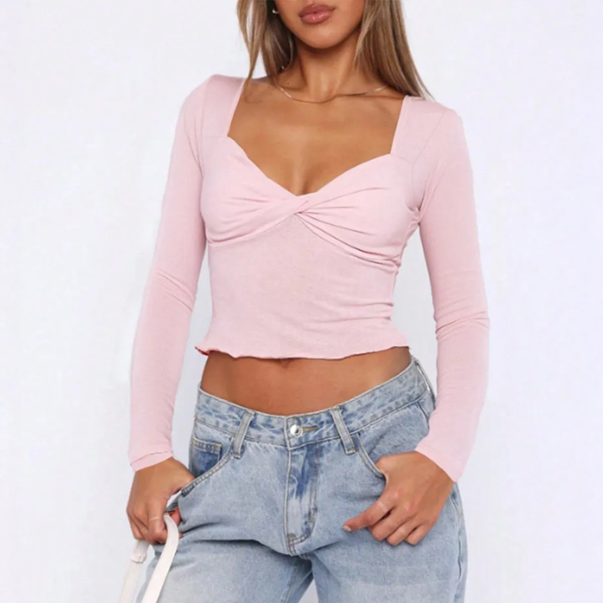 Pink Cropped Knit Top With Twist Detail
