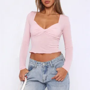 Pink Cropped Knit Top With Twist Detail