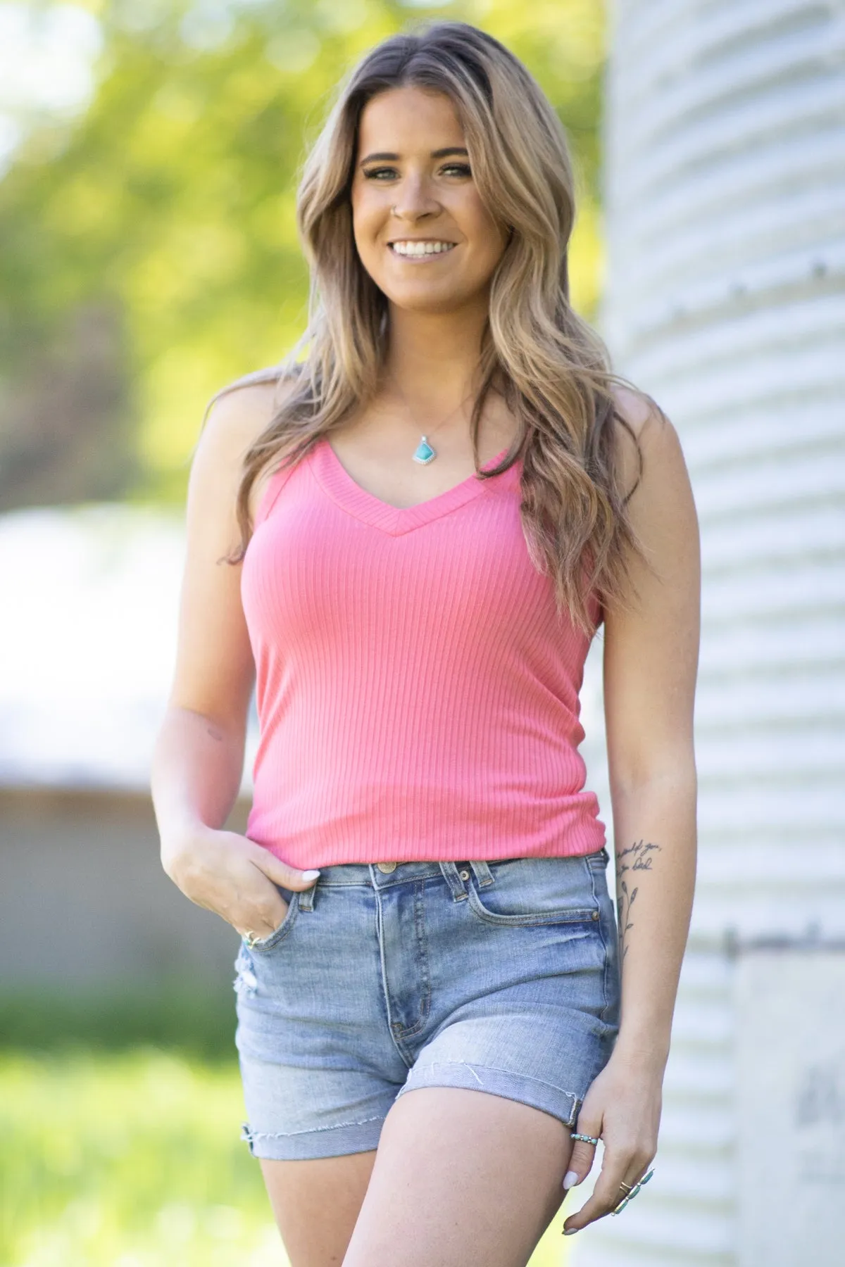 Pink Rib Knit Fitted Tank