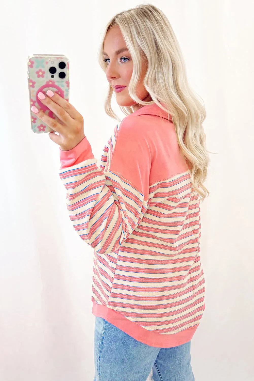 Pink Stripe Buttoned V Neck Collared Drop Shoulder Top