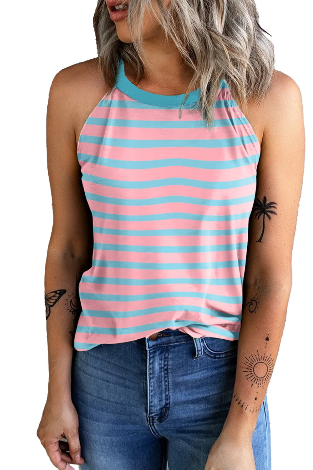 Pink Stripe Colorblock Round Neck Tank Top