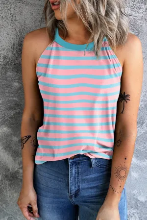 Pink Stripe Colorblock Round Neck Tank Top