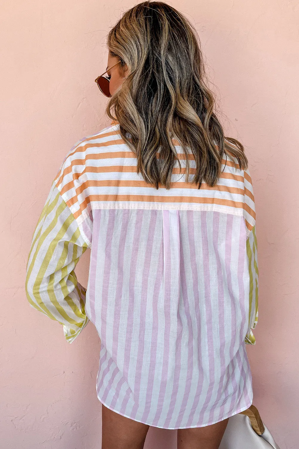Pink Stripe Contrast Collar Long Sleeve Patchwork Shirt