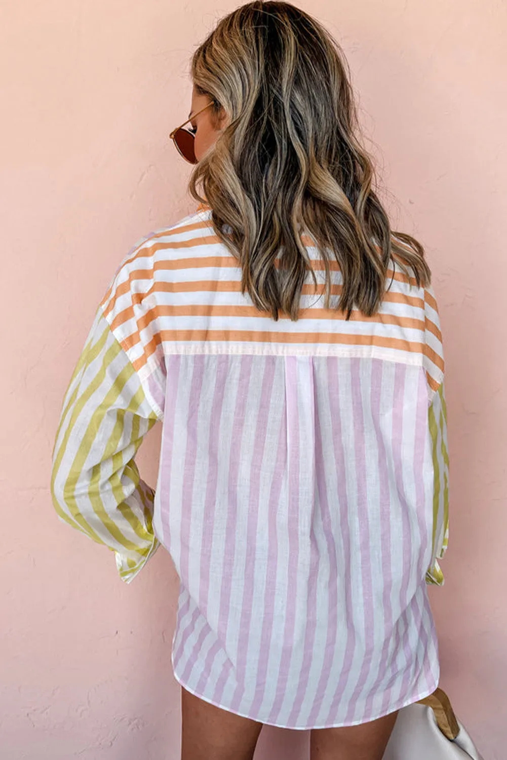 Pink Stripe Contrast Collar Long Sleeve Patchwork Shirt