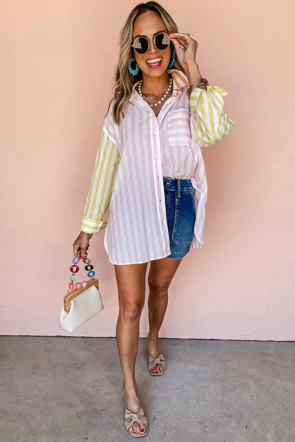 Pink Stripe Contrast Collar Long Sleeve Patchwork Shirt