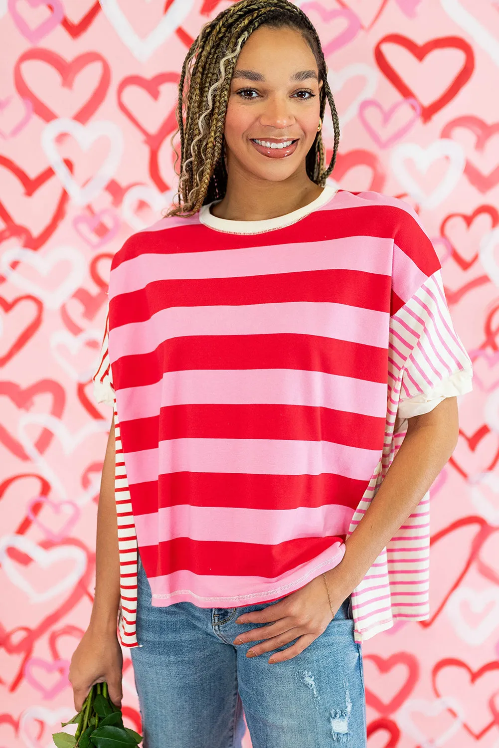 Pink Stripe Patchwork Round Neck Side Split Loose T Shirt