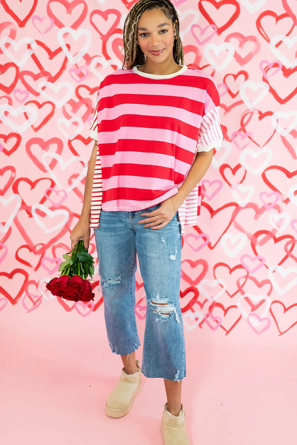 Pink Stripe Patchwork Round Neck Side Split Loose T Shirt