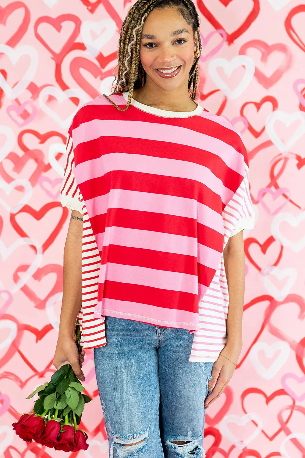 Pink Stripe Patchwork Round Neck Side Split Loose T Shirt