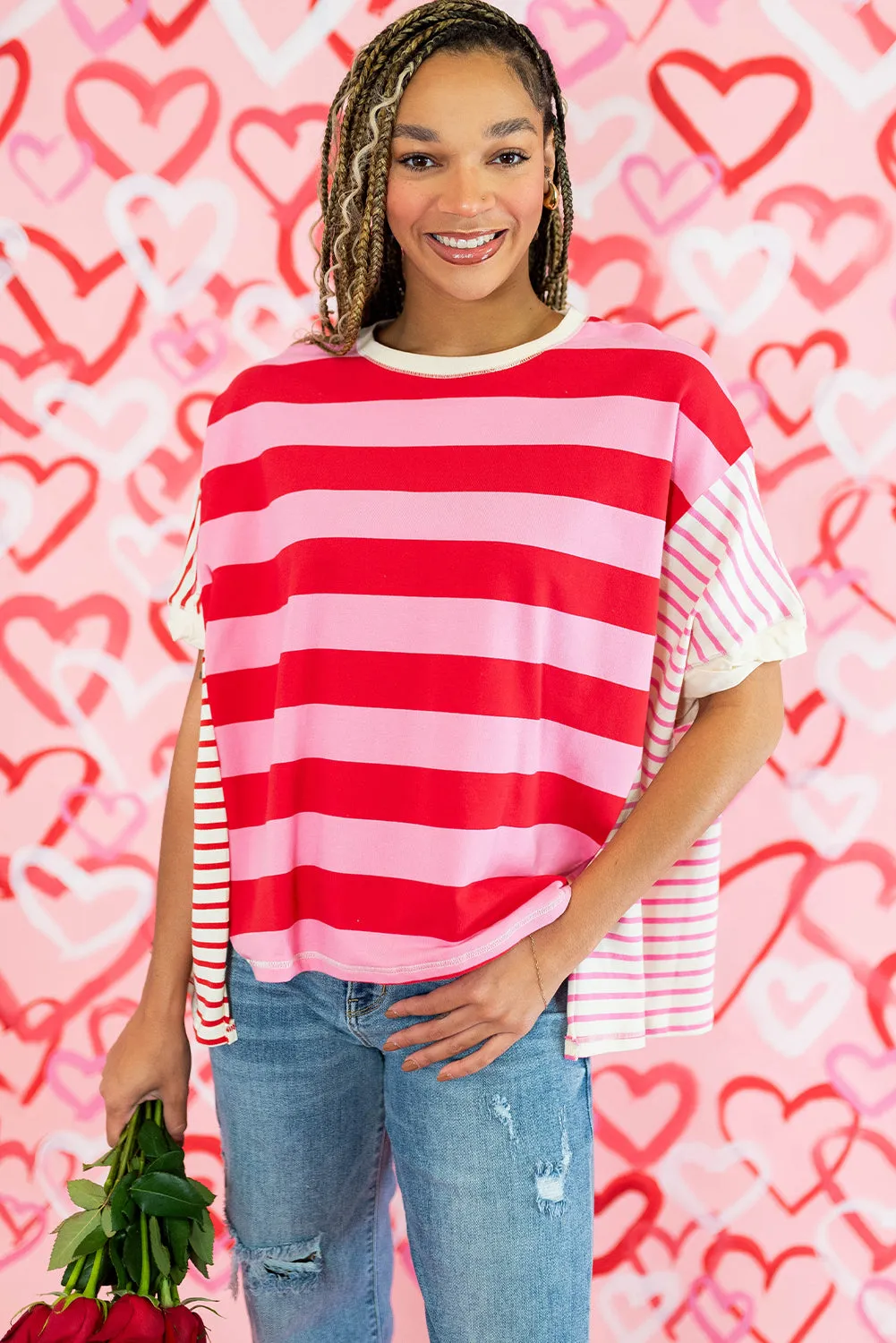 Pink Stripe Patchwork Round Neck Side Split Loose T Shirt