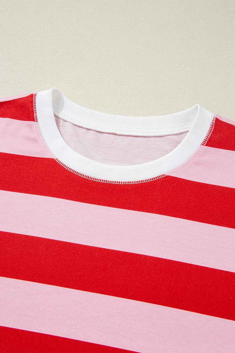 Pink Stripe Patchwork Round Neck Side Split Loose T Shirt