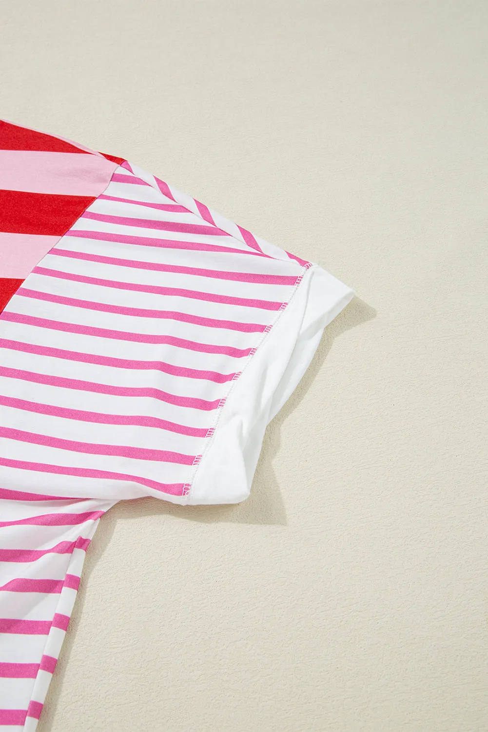 Pink Stripe Patchwork Round Neck Side Split Loose T Shirt