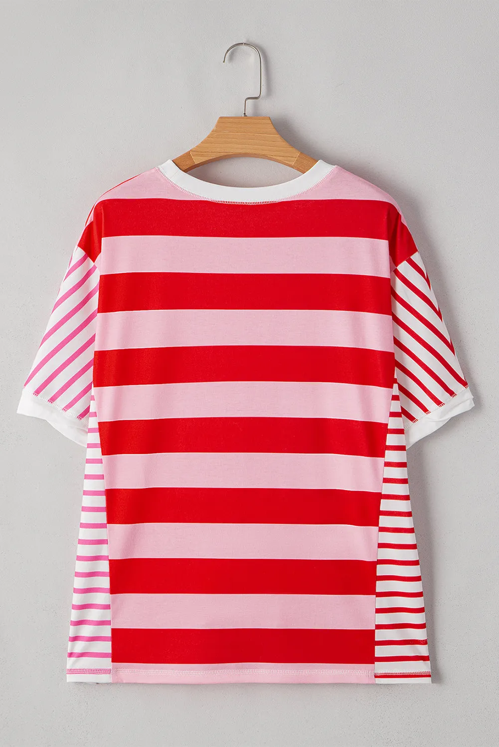 Pink Stripe Patchwork Round Neck Side Split Loose T Shirt