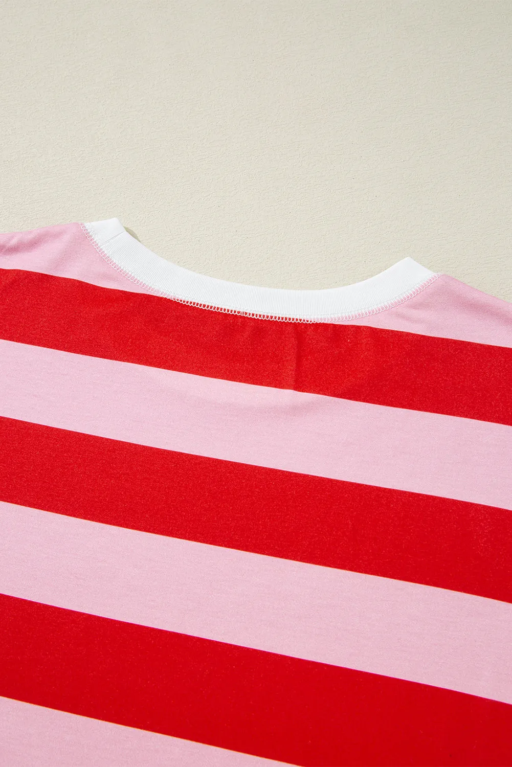 Pink Stripe Patchwork Round Neck Side Split Loose T Shirt