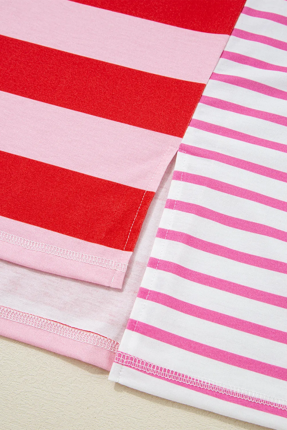 Pink Stripe Patchwork Round Neck Side Split Loose T Shirt