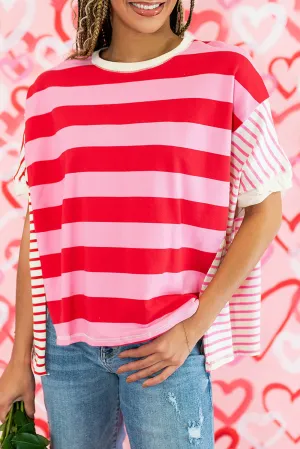 Pink Stripe Patchwork Round Neck Side Split Loose T Shirt