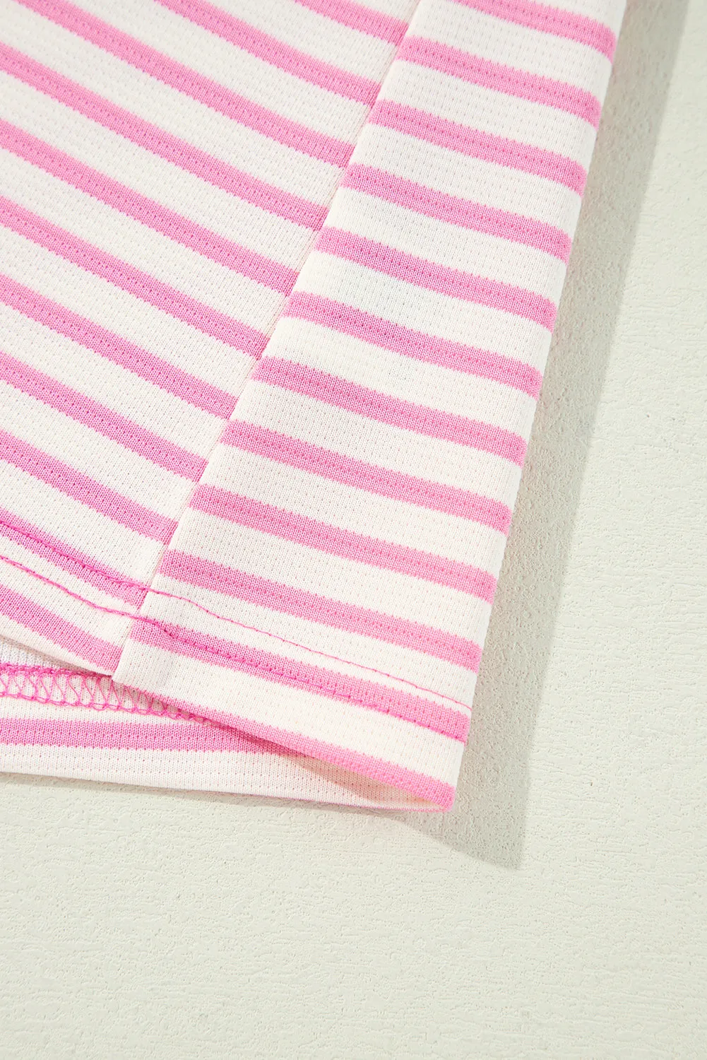 Pink Stripe Ruffled V Neck Cap Puff Sleeve Top