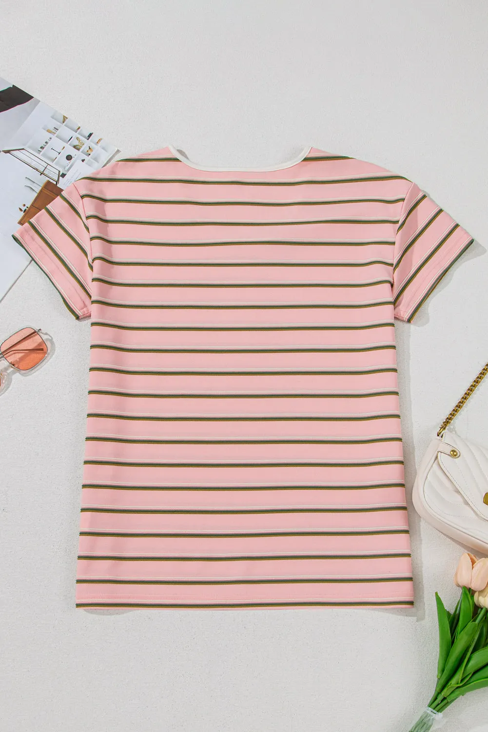 Pink Stripe V Neck Slim Fit Casual T Shirt