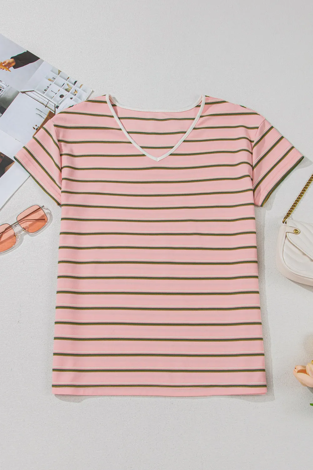 Pink Stripe V Neck Slim Fit Casual T Shirt