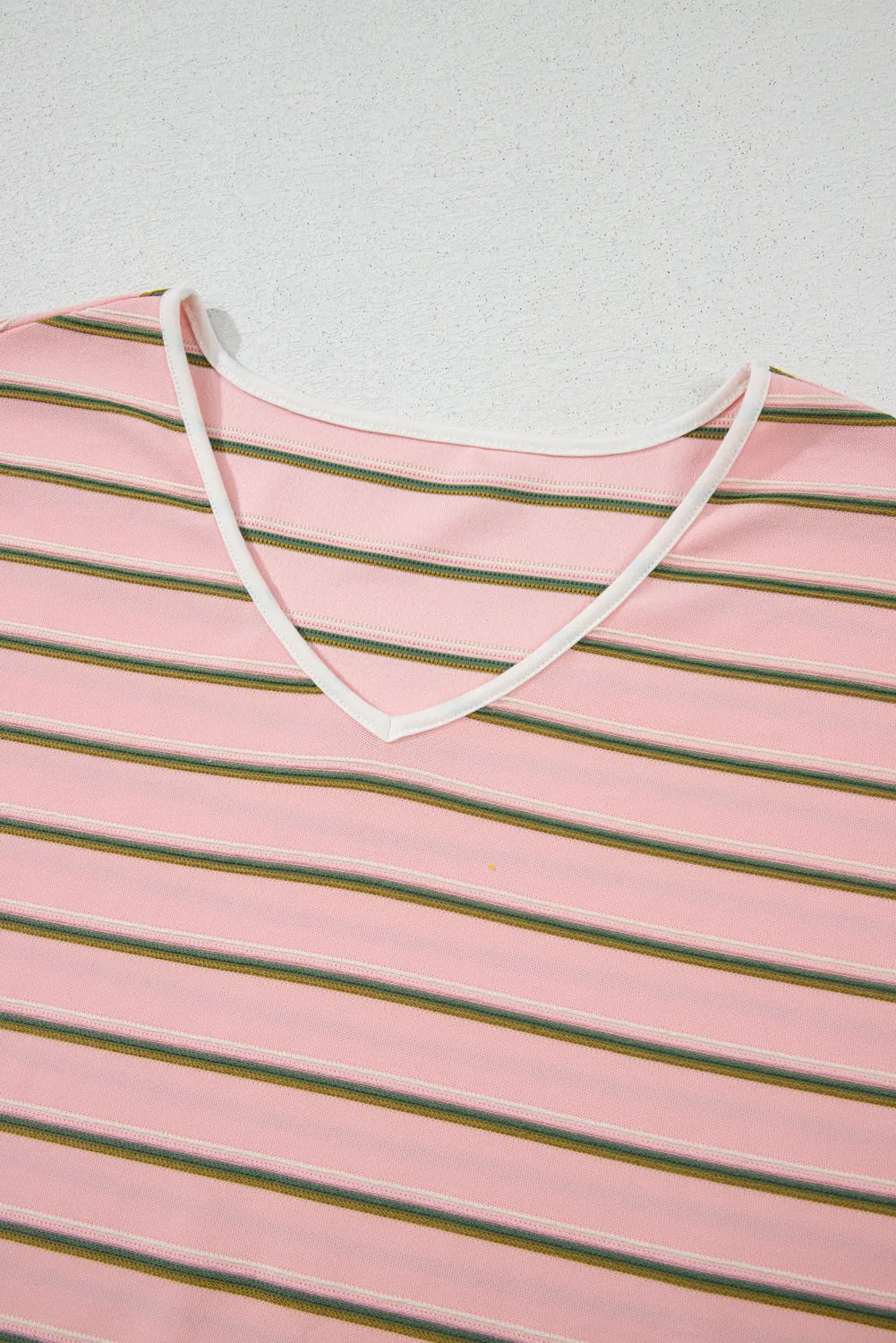 Pink Stripe V Neck Slim Fit Casual T Shirt
